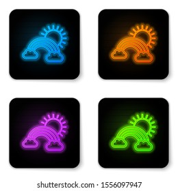 Glowing neon Rainbow with clouds and sun icon isolated on white background. Black square button. Vector Illustration
