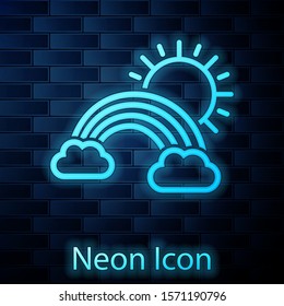 Glowing neon Rainbow with clouds and sun icon isolated on brick wall background.  Vector Illustration