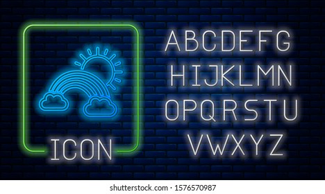 Glowing neon Rainbow with clouds and sun icon isolated on brick wall background. Neon light alphabet. Vector Illustration