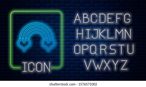 Glowing neon Rainbow with heart icon isolated on brick wall background. Neon light alphabet. Vector Illustration