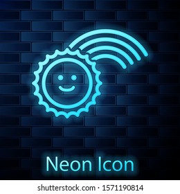 Glowing neon Rainbow with sun icon isolated on brick wall background.  Vector Illustration