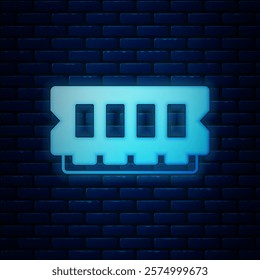 Glowing neon RAM, random access memory icon isolated on brick wall background.  Vector