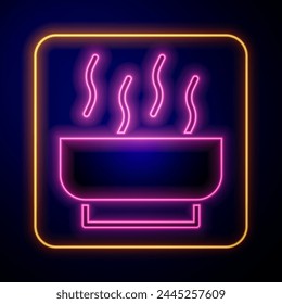 Glowing neon Ramen soup bowl with noodles icon isolated on black background. Bowl of traditional asian noodle soup.  Vector
