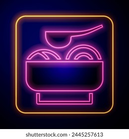 Glowing neon Ramen soup bowl with noodles icon isolated on black background. Bowl of traditional asian noodle soup.  Vector