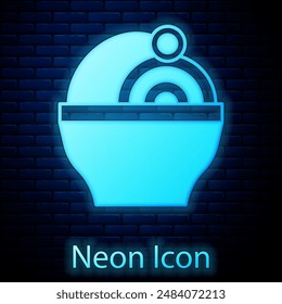 Glowing neon Ramen soup bowl with noodles icon isolated on brick wall background. Bowl of traditional asian noodle soup.  Vector