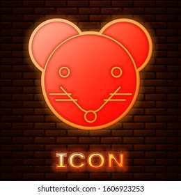 Glowing neon Rat zodiac sign icon isolated on brick wall background. Astrological horoscope collection.  Vector Illustration