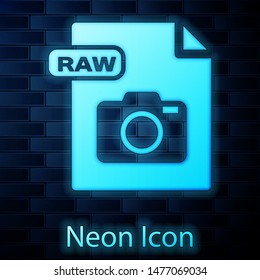 Glowing neon RAW file document. Download raw button icon isolated on brick wall background. RAW file symbol.  Vector Illustration