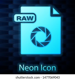 Glowing neon RAW file document. Download raw button icon isolated on brick wall background. RAW file symbol.  Vector Illustration