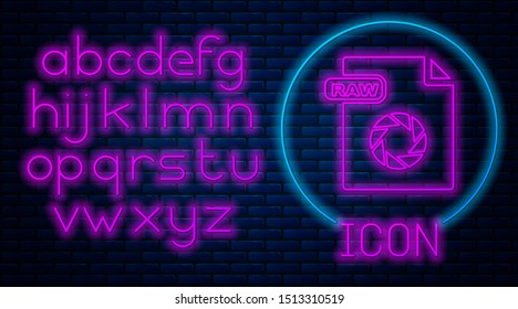 Glowing neon RAW file document. Download raw button icon isolated on brick wall background. RAW file symbol. Neon light alphabet. Vector Illustration