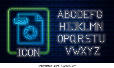 Glowing neon RAW file document. Download raw button icon isolated on brick wall background. RAW file symbol. Neon light alphabet. Vector Illustration