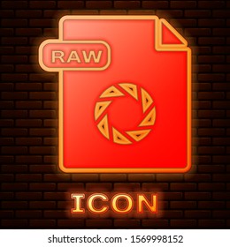 Glowing neon RAW file document. Download raw button icon isolated on brick wall background. RAW file symbol.  Vector Illustration