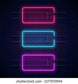 Glowing neon rectangle frames on dark brick wall background. Neon light banners set. Realistic glow signboard. Vector illustration. Glowing borders for empty place for text or inscription.