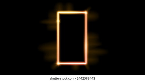 Glowing neon rectangular frame. Golden yellow shining border. Neon light portal door concept. Gold rectangular border with flares. Morden Design element for poster, banner, game. Vector