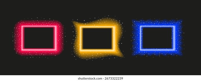 Glowing neon rectangular shapes with sparkles and blur. Empty vector background on dark theme. Perfect for Christmas or party templates.