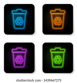 Glowing neon Recycle bin with recycle symbol icon isolated on white background. Trash can icon. Garbage bin sign. Recycle basket sign. Black square button. Vector Illustration