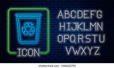 Glowing neon Recycle bin with recycle symbol icon isolated on brick wall background. Trash can icon. Garbage bin sign. Recycle basket sign. Neon light alphabet. Vector Illustration