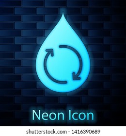 Glowing neon Recycle clean aqua icon isolated on brick wall background. Drop of water with sign recycling. Vector Illustration