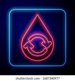 Glowing neon Recycle clean aqua icon isolated on blue background. Drop of water with sign recycling.  Vector Illustration