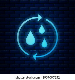 Glowing neon Recycle clean aqua icon isolated on brick wall background. Drop of water with sign recycling.  Vector