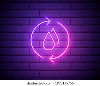 Glowing neon Recycle clean aqua icon isolated on brick wall background. Water recycling energy symbol. Drop of water with recycling. Water refresh arrows. Vector Illustration.