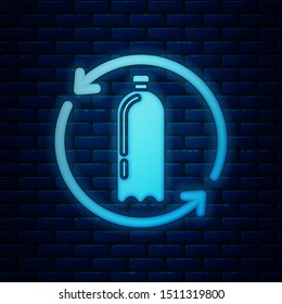 Glowing neon Recycling plastic bottle icon isolated on brick wall background.  Vector Illustration