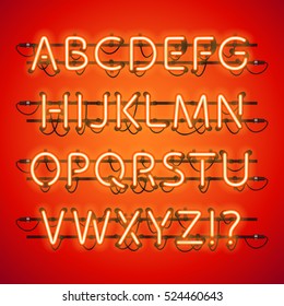 Glowing Neon Red Alphabet. Used pattern brushes included. There are fastening elements in a symbol palette.