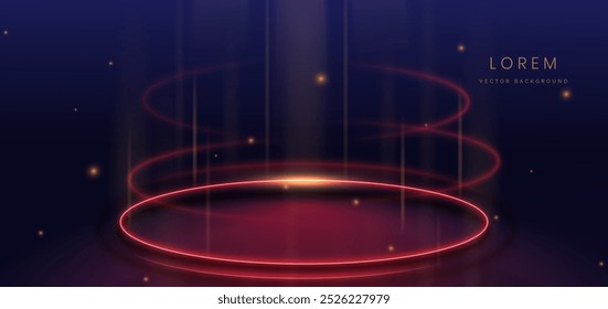 Líneas de círculos rojos de neón brillantes sobre fondo azul oscuro con efecto de iluminación y brillo con espacio de copia para texto. Ilustración vectorial