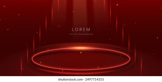 Glowing neon red circular lines on red background with lighting effect and sparkle with copy space for text. Frame circle for product design. Vector illustration