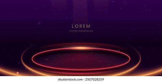 Glowing neon red circular lines on dark purple background with lighting effect and sparkle with copy space for text. Frame circle for product design. Vector illustration