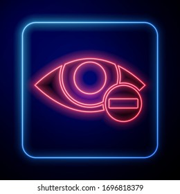 Icono de efecto neón rojo brillante aislado en fondo azul. Signo de enrojecimiento ocular. Enfermedad inflamatoria de los ojos. Ilustración vectorial