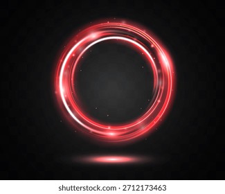 Anel mágico vermelho neon brilhante com espiral de energia brilhante, partículas cintilantes e reflexão de luz sobre fundo transparente escuro, ilustração EPS vetor.