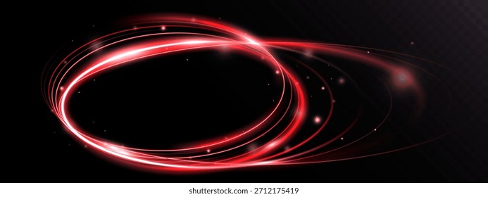 Quadro oval vermelho neon brilhante com espiral de energia fluente e partículas cintilantes no fundo transparente escuro, ilustração EPS vetor.