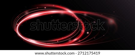 Glowing neon red oval frame with flowing energy swirl and sparkling particles on dark transparent background, vector EPS illustration.