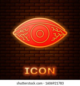 Glowing neon Reddish eye due to viral, bacterial or allergic conjunctivitis icon isolated on brick wall background.  Vector Illustration