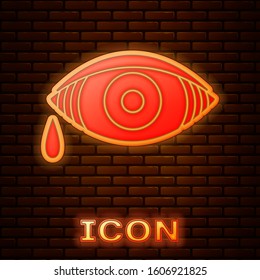 Glowing neon Reddish eye due to viral, bacterial or allergic conjunctivitis icon isolated on brick wall background.  Vector Illustration