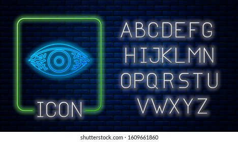 Glowing neon Reddish eye due to viral, bacterial or allergic conjunctivitis icon isolated on brick wall background. Neon light alphabet. Vector Illustration
