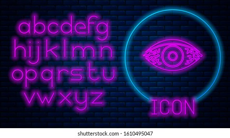 Glowing neon Reddish eye due to viral, bacterial or allergic conjunctivitis icon isolated on brick wall background. Neon light alphabet. Vector Illustration