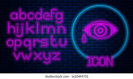 Glowing neon Reddish eye due to viral, bacterial or allergic conjunctivitis icon isolated on brick wall background. Neon light alphabet. Vector Illustration