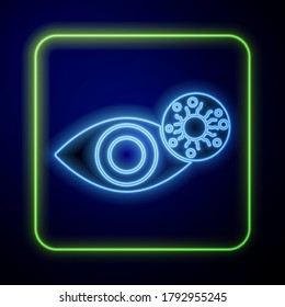Glowing neon Reddish eye due to virus, bacterial or allergic conjunctivitis icon isolated on blue background.  Vector Illustration