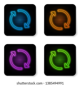 Glowing neon Refresh icon isolated on white background. Reload symbol. Rotation arrows in a circle sign. Black square button. Vector Illustration