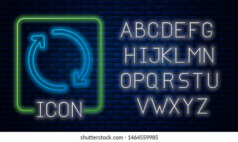 Glowing neon Refresh icon isolated on brick wall background. Reload symbol. Rotation arrows in a circle sign. Neon light alphabet. Vector Illustration
