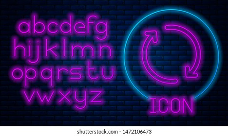Glowing neon Refresh icon isolated on brick wall background. Reload symbol. Rotation arrows in a circle sign. Neon light alphabet. Vector Illustration