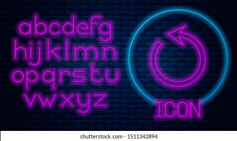 Glowing neon Refresh icon isolated on brick wall background. Reload symbol. Rotation arrow in a circle sign. Neon light alphabet. Vector Illustration