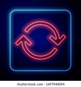 Glowing neon Refresh icon isolated on blue background. Reload symbol. Rotation arrows in a circle sign.  Vector Illustration