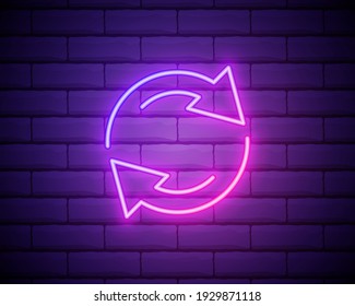 Glowing neon Refresh icon isolated on brick wall background. Reload symbol. Rotation arrows in a circle sign. Vector Illustration.