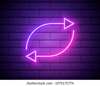 Glowing neon Refresh icon isolated on brick wall background. Reload symbol. Rotation arrows in a circle sign. Vector Illustration