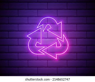 Icono de Refrescar neón brillante aislado en el fondo de pared de ladrillo. Volver a cargar el símbolo. Las flechas de rotación en un símbolo de círculo. Ilustración vectorial