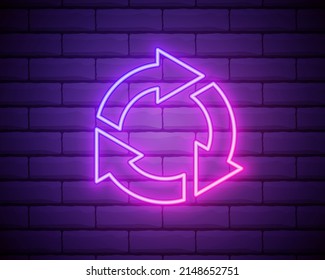Glowing neon Refresh icon isolated on brick wall background. Reload symbol. Rotation arrows in a circle sign. Vector Illustration