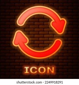 Glowing neon Refresh icon isolated on brick wall background. Reload symbol. Rotation arrows in a circle sign.  Vector Illustration