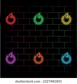 Glowing neon refresh icon isolated on brick wall background. Reload symbol. Rotation arrows in a circle sign. Vector illustration. many colors.